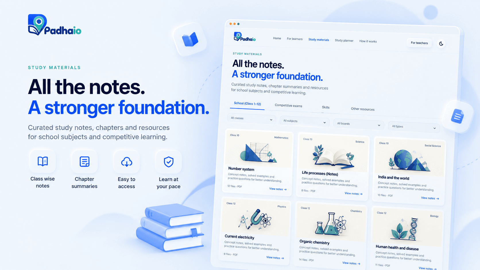 Design concept for Padhaio study materials, with subject and class-based learning resources