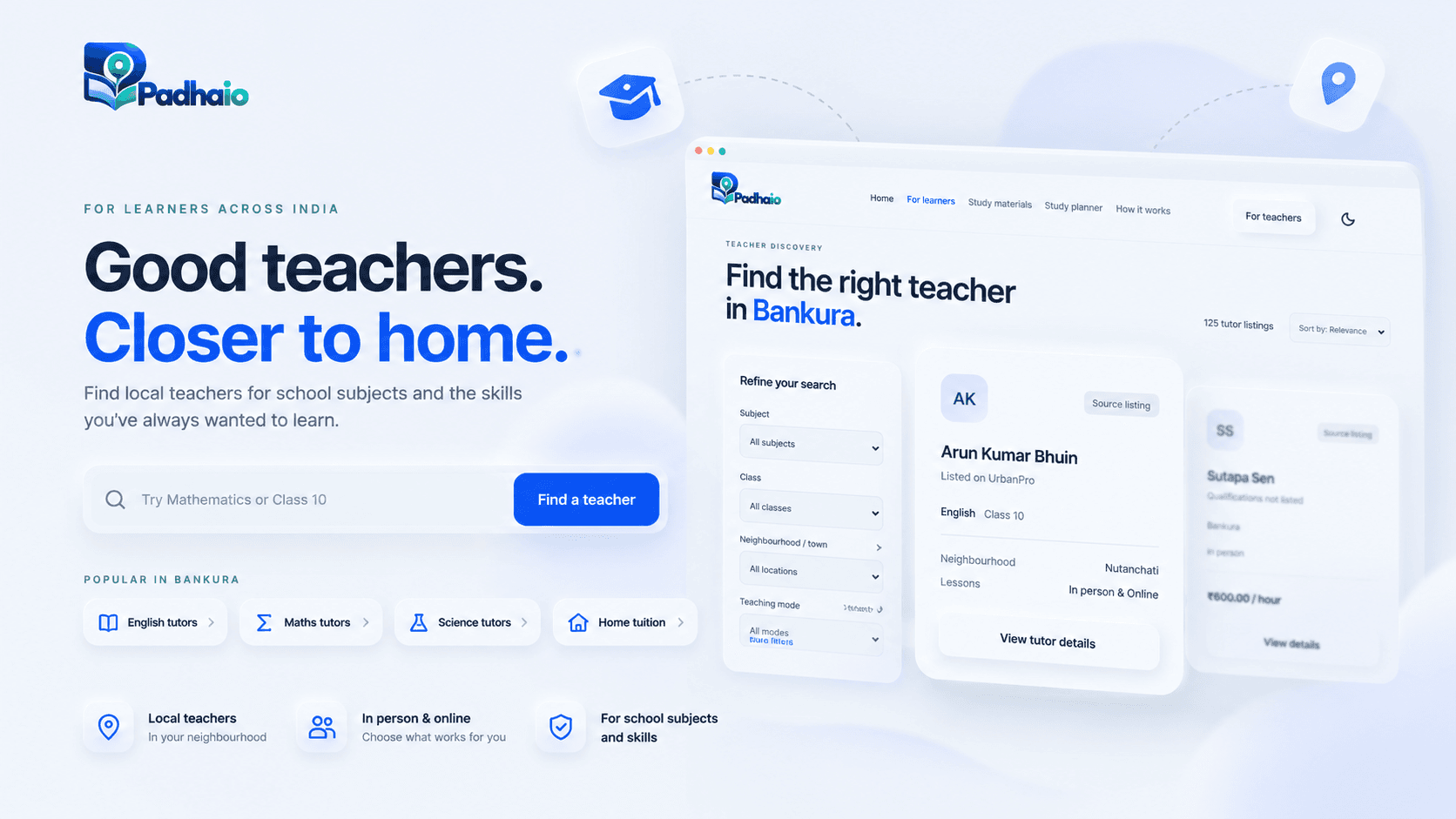 Padhaio teacher discovery presentation with subject, class, neighbourhood and teaching-mode filters