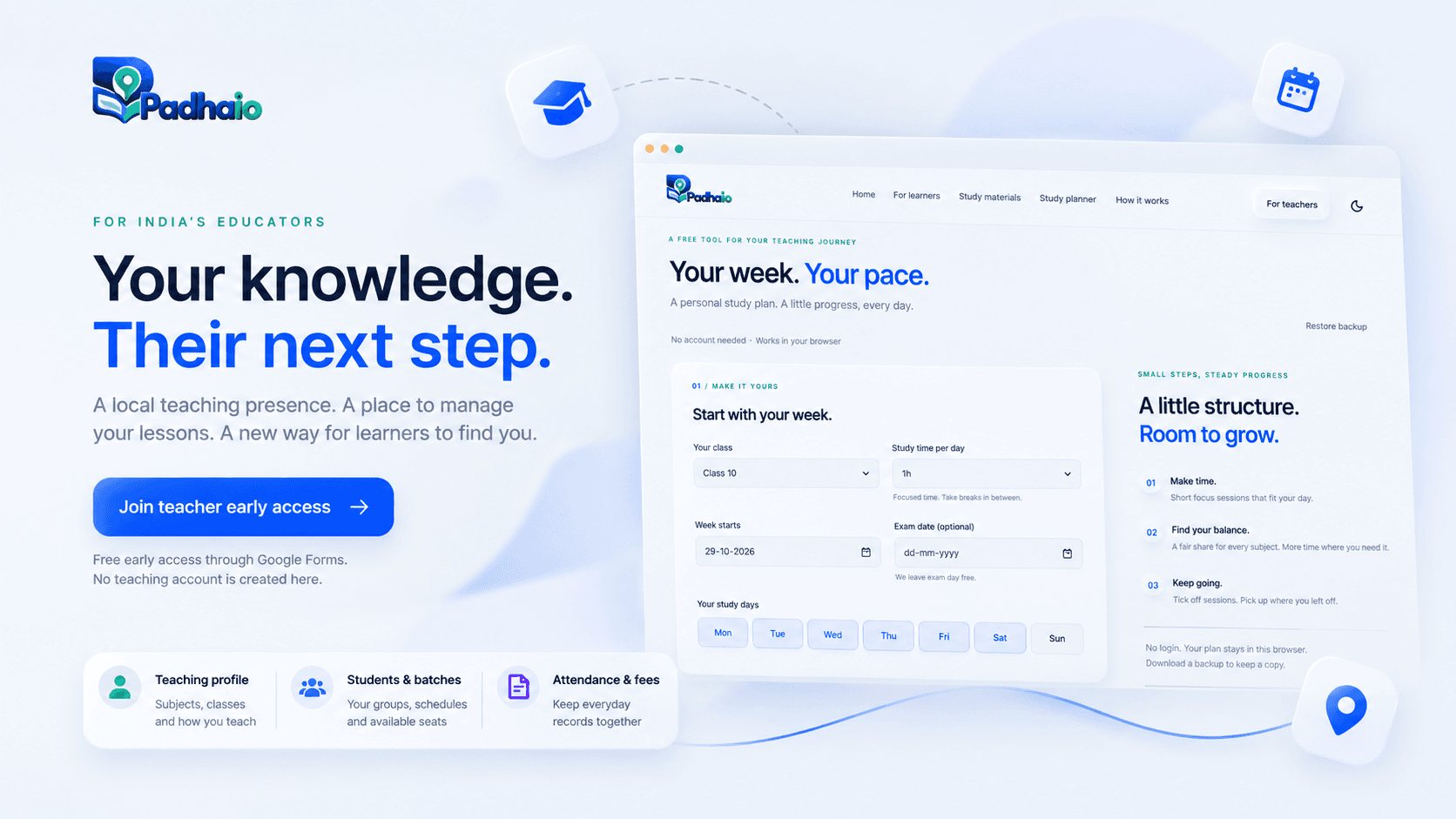 Padhaio teacher early-access presentation with registration and a planned teaching-workspace preview