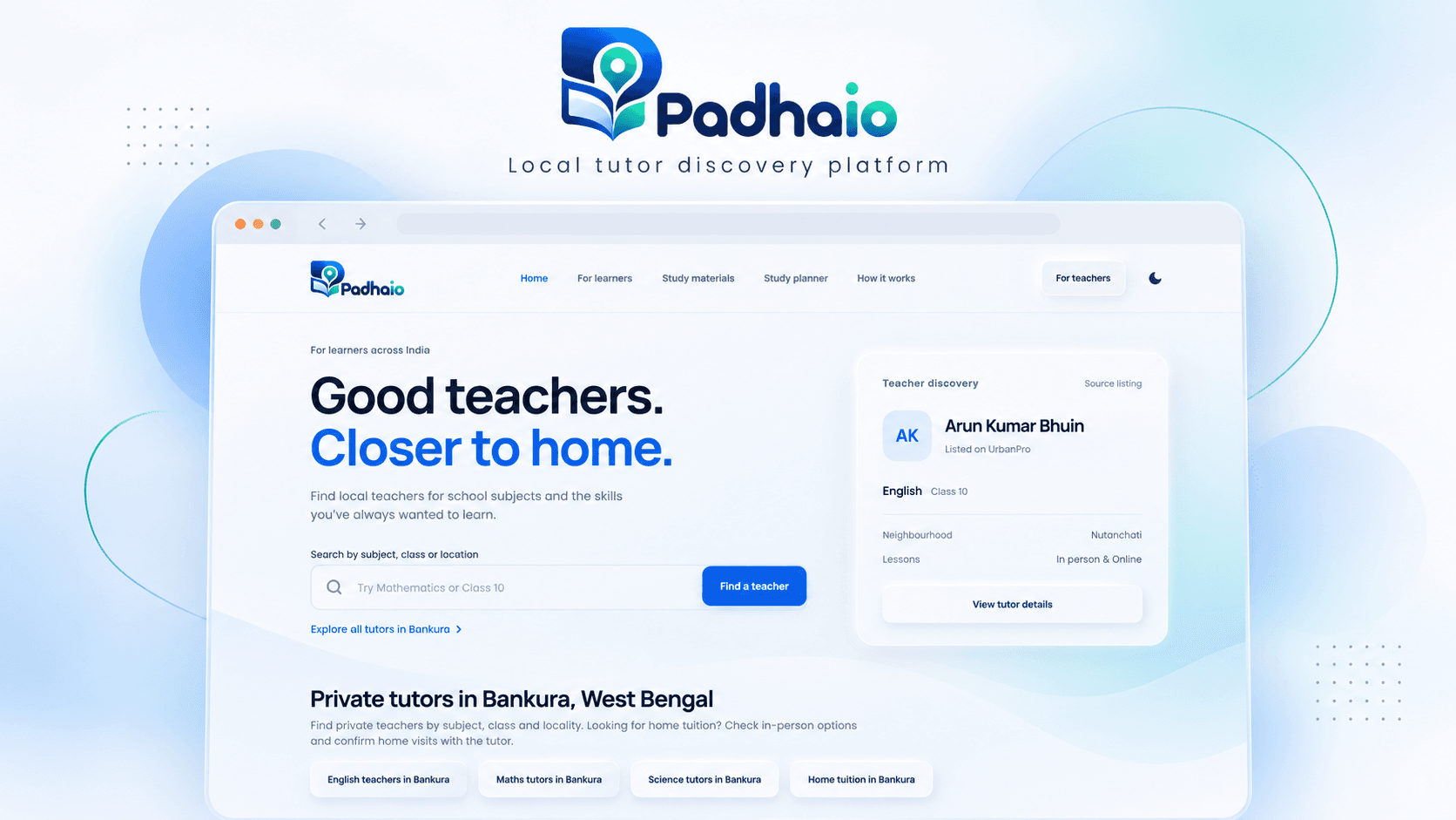 Padhaio landing-page presentation with teacher search and a local tutor preview
